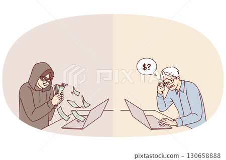 Hacker steals money from elderly man using laptop with internet, using psychological manipulation Hacker steals money from elderly man using laptop with internet, using psychological manipulation 130658888