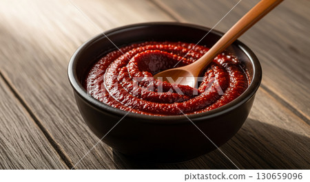 Traditional Korean Gochujang in Black Bowl with Wooden Spoon Traditional Korean Gochujang in Black Bowl with Wooden Spoon 130659096
