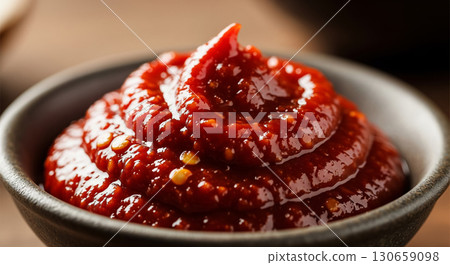 Spicy Korean Gochujang Paste Close Up in Ceramic Bowl 130659098