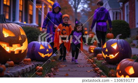 家長與孩子一起享用萬聖節南瓜 130659177