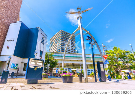 Yokohama cityscape in Japan, including blue postboxes (dark blue postboxes) and Yokohama's popular shopping street, Motomachi 130659205