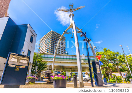 Yokohama cityscape in Japan, including blue postboxes (dark blue postboxes) and Yokohama's popular shopping street, Motomachi 130659210
