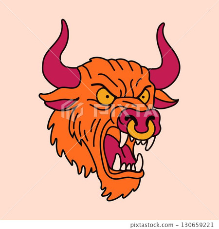 Angry Beast Head Vector with Horns and Fangs Angry Beast Head Vector with Horns and Fangs 130659221