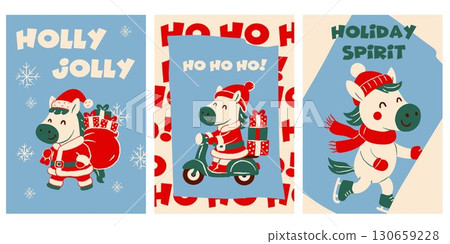Set of cute cartoon horses dressed in Christmas outfits with gift bags, scarves, and hats, skating and riding a scooter, with holiday text and snowy backgrounds 130659228