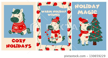 Set of cute cartoon horses in festive outfits decorating a Christmas tree, playing with lights, and wearing cozy sweaters with holiday greetings on colorful backgrounds 130659229