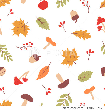 Seamless pattern autumn set of elements. Fall background, leaves and natural gifts. Vector illustration. Seamless pattern autumn set of elements. Fall background, leaves and natural gifts. Vector illustration. 130659247