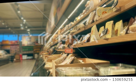 French supermarket cheese aisle with wide selection of regional cheeses on display 130659255