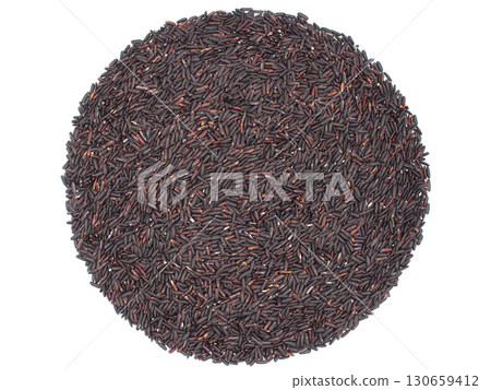 Top view of raw riceberry rice arranged in a round shape isolated on white background. Perfect for use in organic food 130659412