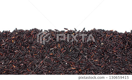 Close-up border of riceberry rice grains on white background. Perfect for use in food advertising Close-up border of riceberry rice grains on white background. Perfect for use in food advertising 130659415