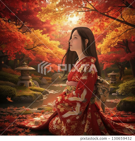 A long-haired woman wearing a furisode kimono in a garden of autumn leaves 130659432