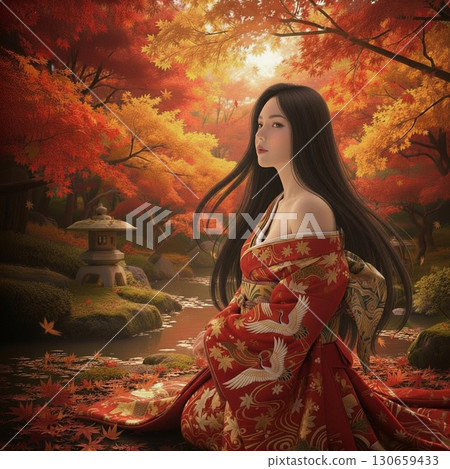 A woman with long hair wearing a furisode in a garden of autumn leaves 2 130659433