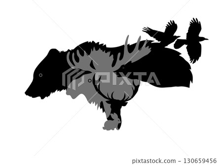 Silhouettes of animals symbol of the forest. hand drawing. Not AI. Vector illustration 130659456