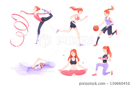 Dynamic and Exciting Sports Activities Featuring a Young Woman Engaged in Various Sports 130660458