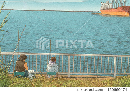 男人和女人在海裡釣魚 130660474