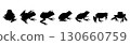 Set of black vector frog silhouettes isolated on white background. Collection of poisonous amphibians with slender long legs in various poses, shown in front, back, side views 130660759