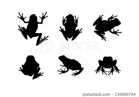 Set of black vector frog silhouettes isolated on white background. Collection of poisonous amphibians with slender long legs in various poses, shown in front, back, side, and top views 130660784