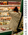 Person Browsing Through a Refrigerator Display Filled with Various Packaged Foods and Beverages in a Grocery Store Aisle 130660849