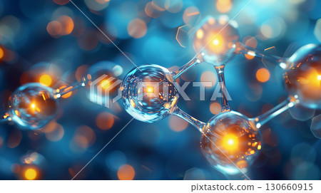 Innovative molecular structure with transparent glass spheres and glowing connections in abstract background Innovative molecular structure with transparent glass spheres and glowing connections in abstract background 130660915