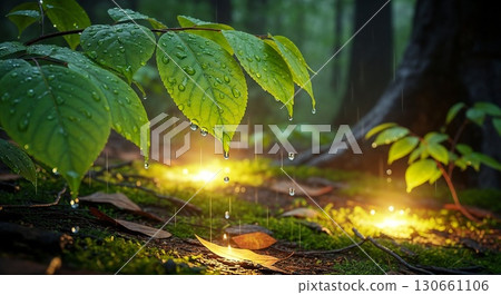 Forest floor lit with soft magical golden light. 130661106