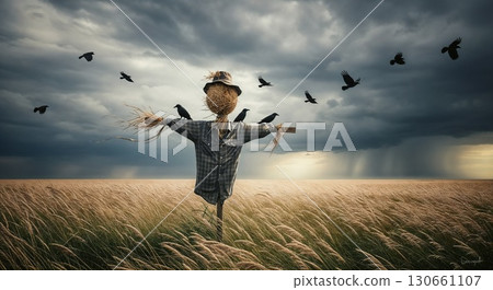 Scarecrow stands in wheat field with birds flying. 130661107