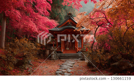 A fantastical view of a shrine surrounded by autumn leaves 130661159