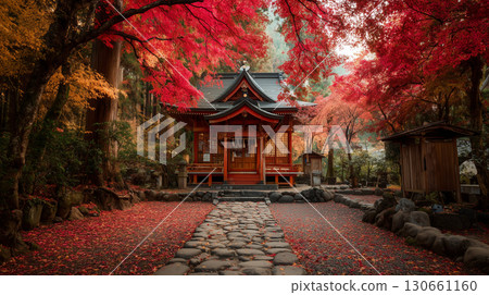 被紅葉包圍的神社的夢幻景色 130661160