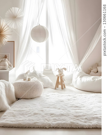 Kids room background for zoom calls. Creative Scandinavian interior. Minimalistic beige design 130661168