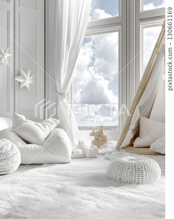 Kids room background for zoom calls. Creative Scandinavian interior. Minimalistic beige design 130661169