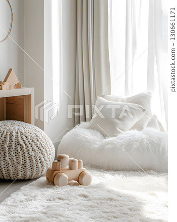 Kids room background for zoom calls. Creative Scandinavian interior. Minimalistic white design 130661171