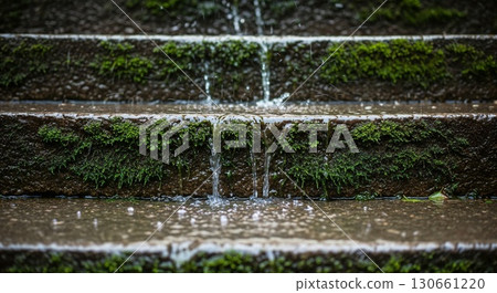 Small waterfalls cascade over mossy stone steps. 130661220