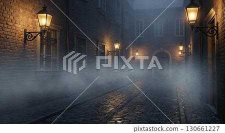 Foggy old street with lanterns glowing at night 130661227