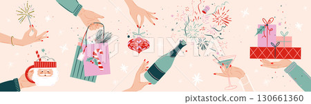 Christmas poster with hands holding gift cocktail bottle beige 130661360