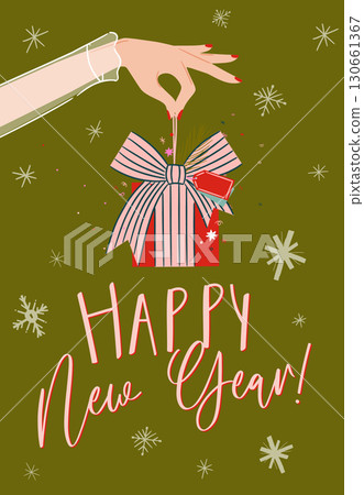 Happy new year celebration poster with gift green 130661367