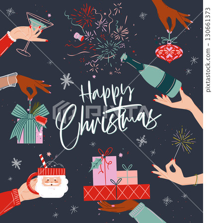 Happy christmas celebration poster with bottle gifts sparkles blue Happy christmas celebration poster with bottle gifts sparkles blue 130661373