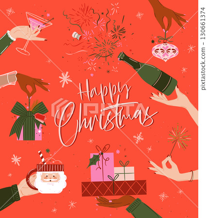 Happy christmas celebration poster with bottle gifts sparkles coral 130661374