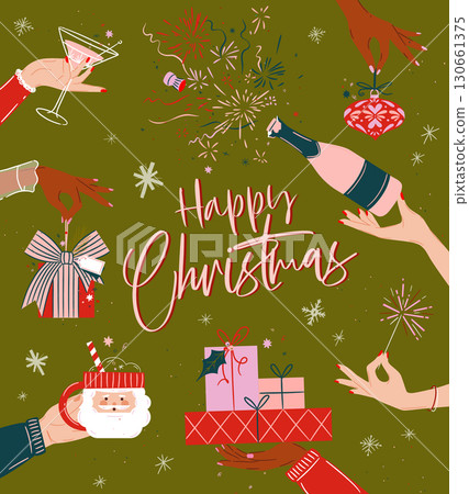 Happy christmas celebration poster with bottle gifts sparkles green Happy christmas celebration poster with bottle gifts sparkles green 130661375