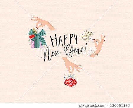 Happy new year celebration poster with gift tree toy and sparkles beige 130661383