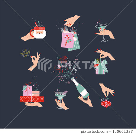 Christmas icons with hands blue 130661387