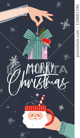 Merry christmas poster with hand holding gift and santa cup blue 130661390