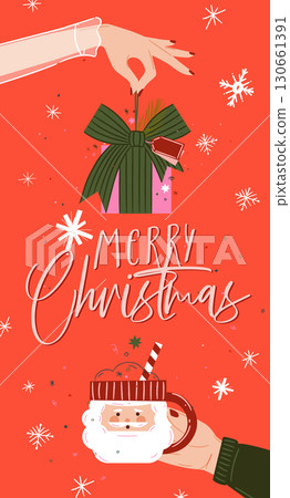 Merry christmas poster with hand holding gift and santa cup coral 130661391