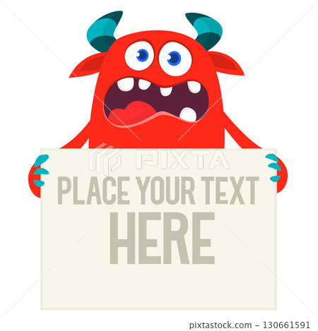 Catoon funny monster character holds banner paper sign for advertisement. Halloween illustration Catoon funny monster character holds banner paper sign for advertisement. Halloween illustration 130661591