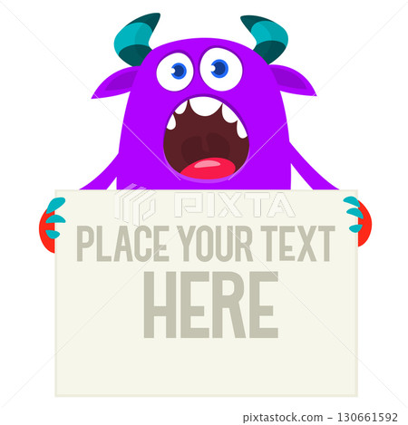 Catoon funny monster character holds banner paper sign for advertisement. Halloween illustration 130661592