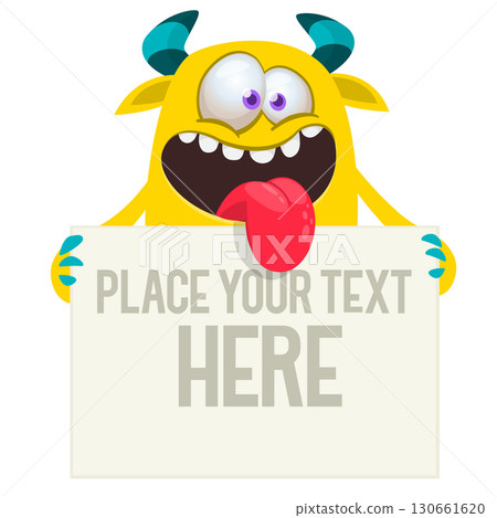 Catoon funny monster character holds banner paper sign for advertisement. Halloween illustration Catoon funny monster character holds banner paper sign for advertisement. Halloween illustration 130661620