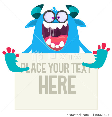 Catoon funny monster character holds banner paper sign for advertisement. Halloween illustration 130661624