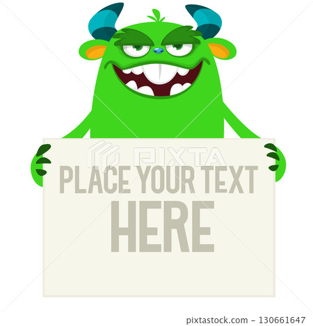 Catoon monster holding black sign with sample message on it 130661647