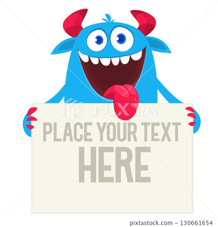 Funny cartoon monster or alien holding empty sheet, banner or sign board for text 130661654