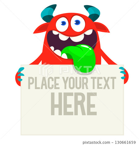 Funny cartoon monster or alien holding empty sheet, banner or sign board for text 130661659