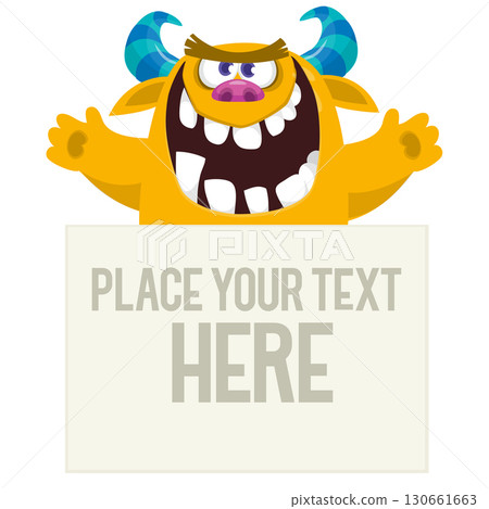 Funny cartoon monster holding empty paper sheet,  banner or sign board for text 130661663