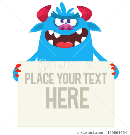 Funny cartoon monster holding empty paper sheet, banner or sign board for text Funny cartoon monster holding empty paper sheet, banner or sign board for text 130661664