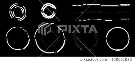 Various futuristic digital interface components are displayed, showcasing circular and linear designs ideal for technology-focused creative projects. These elements feature sleek, modern aesthetics 130661980